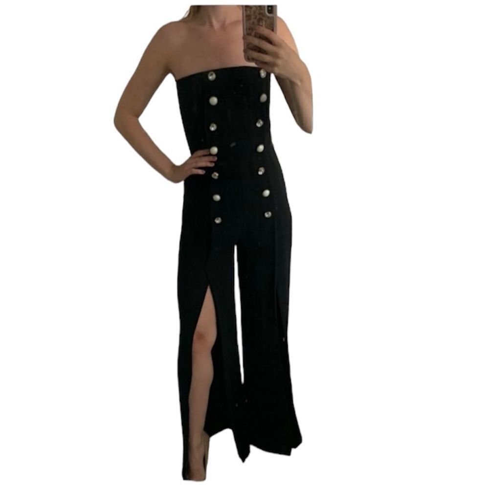 Topshop Y2K Black Decor Double Breasted Buttons Split Leg Strapless Jumpsuit 0